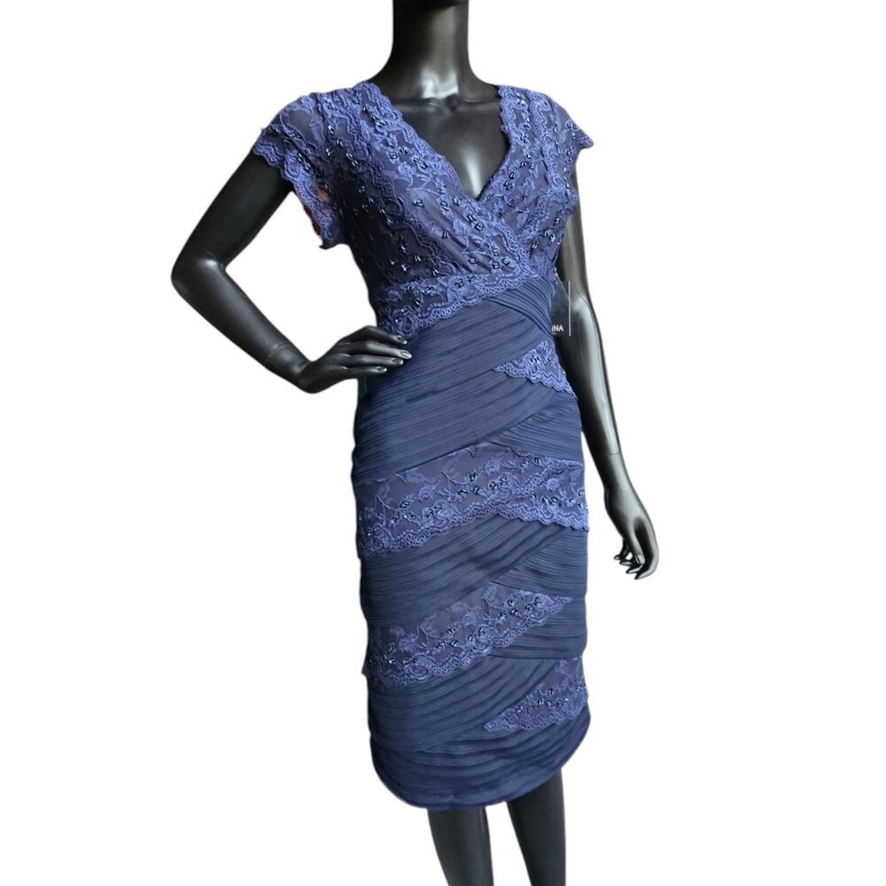 Navy Lace Tiered V-Neck Cap Sleeve Cocktail Dress - NWT - Marina - Picture 3 of 11